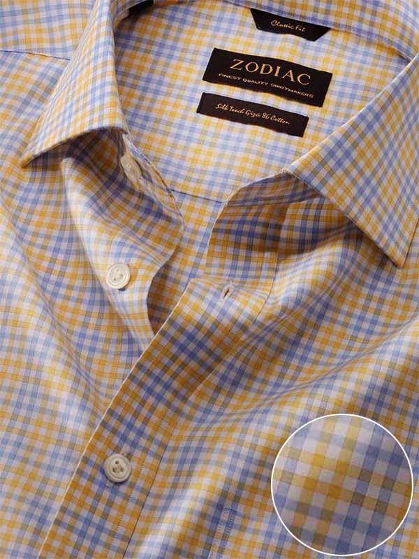 Vivace Yellow Check Full sleeve single cuff Classic Fit Semi Formal Cotton Shirt