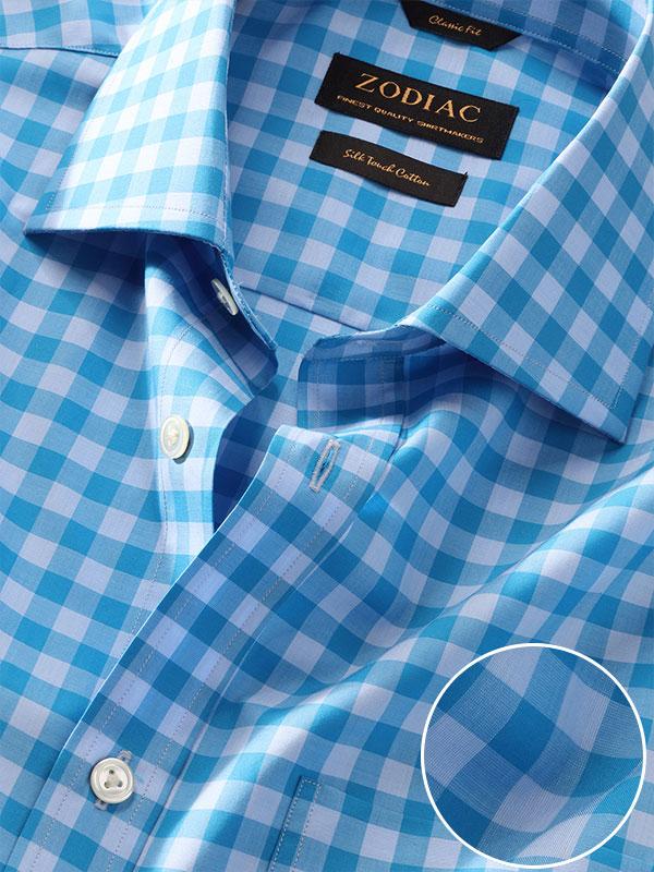Vivace Blue Check Full sleeve single cuff Classic Fit Semi Formal Cut away collar Cotton Shirt