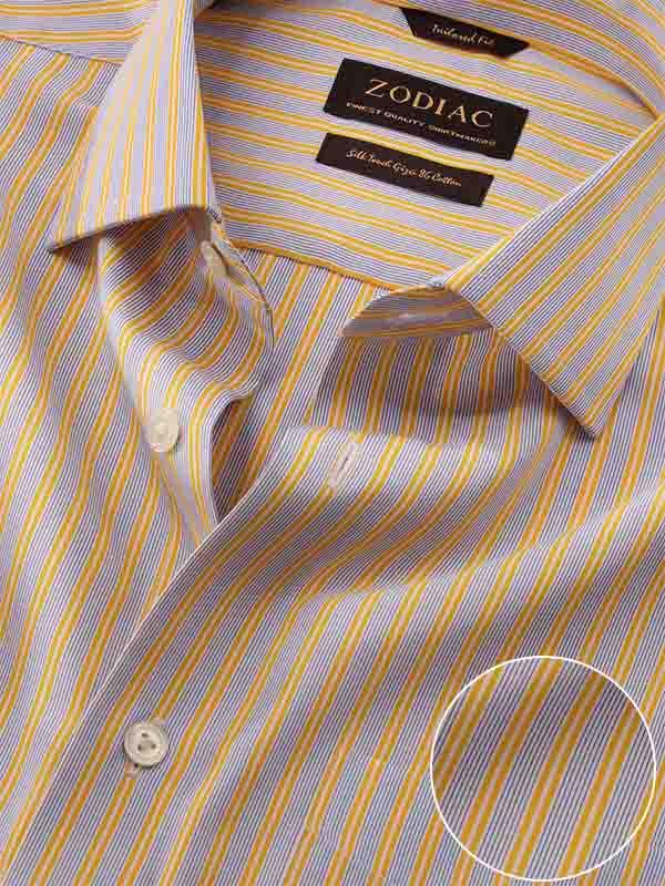 Vivace Yellow Striped Full sleeve single cuff Tailored Fit Semi Formal Cut away collar Cotton Shirt