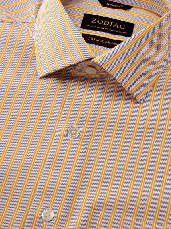 Vivace Yellow Striped Full sleeve single cuff Tailored Fit Semi Formal Cut away collar Cotton Shirt