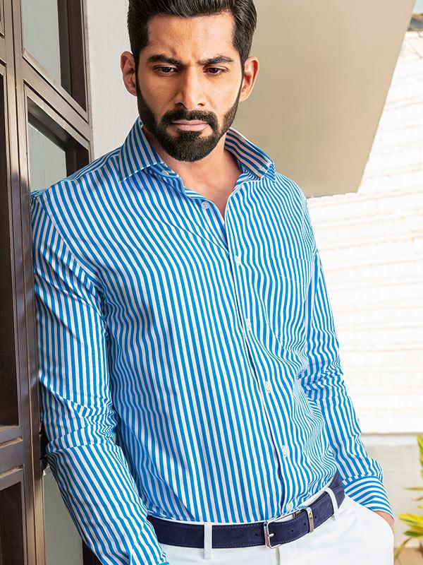Vivace Blue Striped Full sleeve single cuff Tailored Fit Semi Formal Cotton Shirt