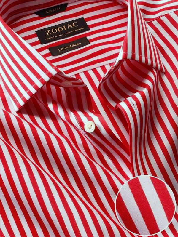 Vivace Red Striped Full sleeve single cuff Tailored Fit Semi Formal Cotton Shirt