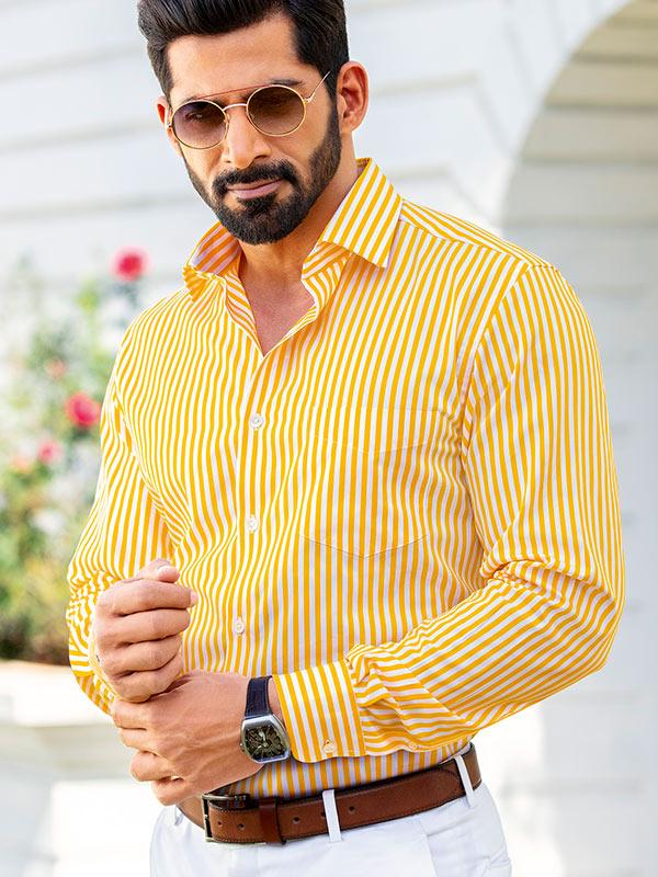 Vivace Yellow Striped Full sleeve single cuff Tailored Fit Semi Formal Cotton Shirt