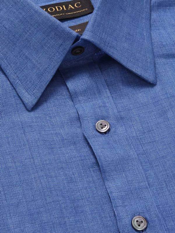 Praiano Blue Solid Full sleeve single cuff Tailored Fit Semi Formal Linen Shirt